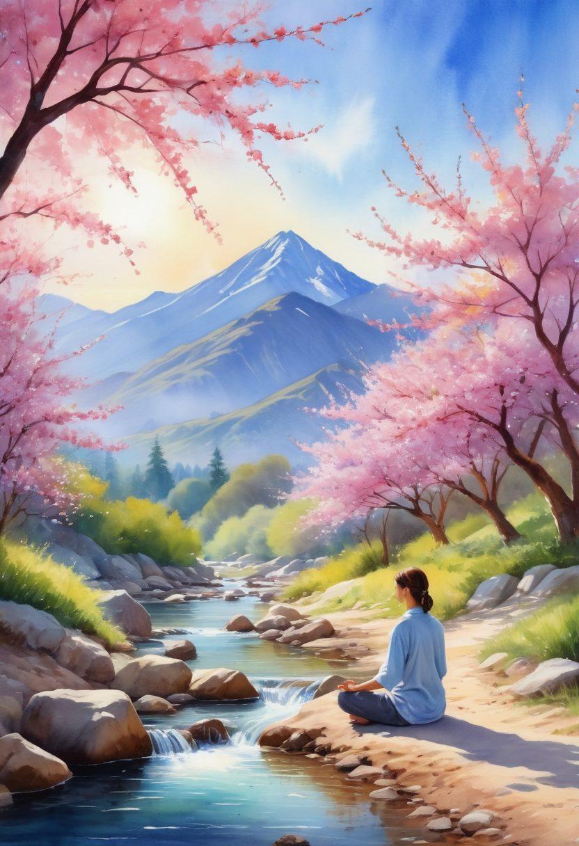 A serene landscape bathed in warm sunlight, featuring a person meditating under a blooming cherry blossom tree, with soft rays of light illuminating their peaceful expression. Bright, colorful flowers surrounding a gentle flowing stream, symbolizing mindfulness and motivation. Include elements of tranquility, like a distant mountain range, and a clear blue sky. watercolor style. vibrant colors. natural light.