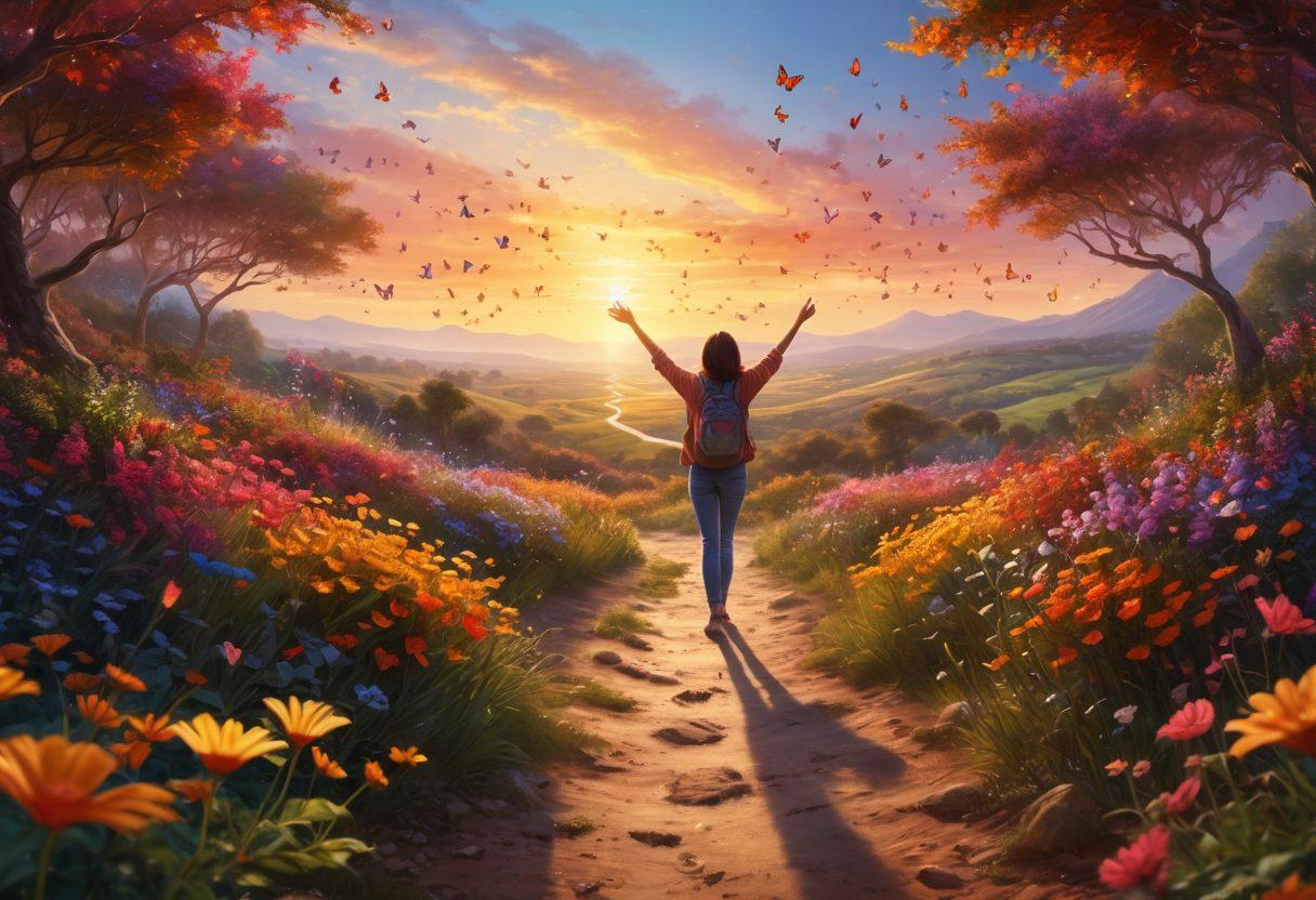 A radiant sunrise breaking over a flourishing landscape, symbolizing personal growth with blooming flowers and a winding path leading to a bright horizon. Include a silhouette of a person with arms raised in joy, surrounded by vibrant butterflies and soft light. The atmosphere should evoke warmth and positivity, representing the essence of happiness and self-discovery. super-realistic. vibrant colors. 3D.